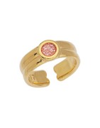 Bague avec rond en émail paillettes corail en métal couleur or