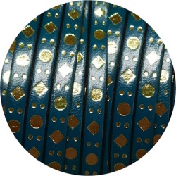 Cuir plat 5mm fantaisie motifs or sur fond turquoise en vente au cm