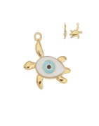 Pendentif tortue émaillée blanc œil ciel en métal couleur or