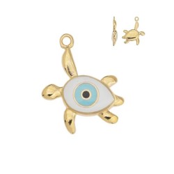 Pendentif tortue émaillée blanc œil ciel en métal couleur or