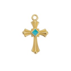 Pendentif croix émaillée turquoise en métal couleur or Pendentif croix émaillée turquoise en métal couleur or