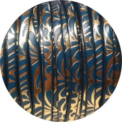 Cuir plat de 5mm avec relief floral bleu atoll et or en vente au cm Cuir plat de 5mm avec relief floral bleu atoll et or en vente au cm
