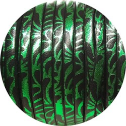 Cuir plat 5mm avec relief floral noir et vert en vente au cm