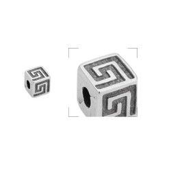 Perle cube de 5mm gravée de motifs grecs en métal placage argent