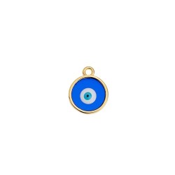 Disque rond de 14mm en métal couleur or émaillé oeil transparent bleu