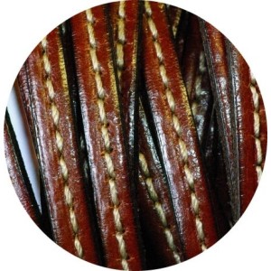 Cordon de cuir plat 5mm x 2mm marron fonce couture blanche-vente au cm
