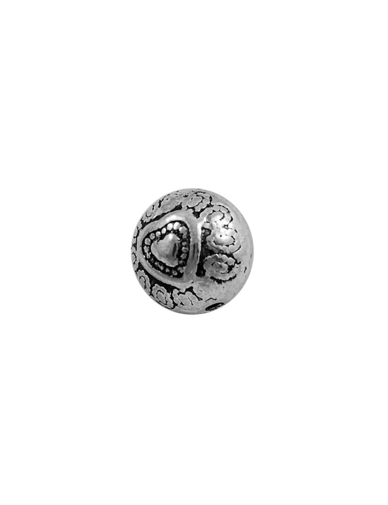 Perle metal ronde gravee coeur couleur argent tibetain-9.5mm