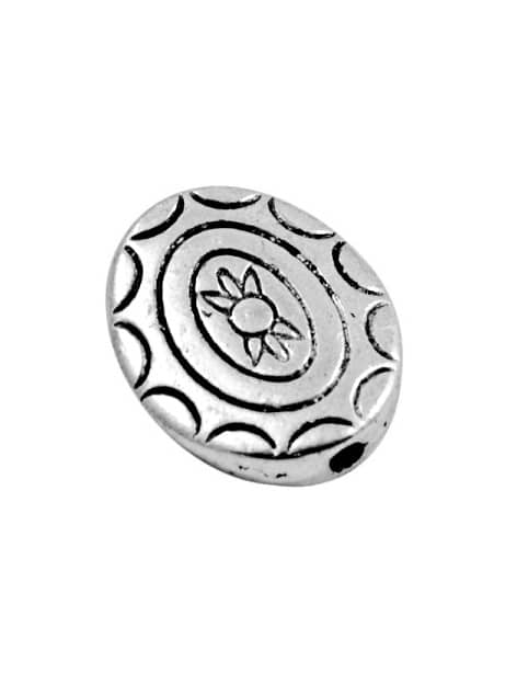 Perle ovale gravee en metal couleur argent tibetain-15mm