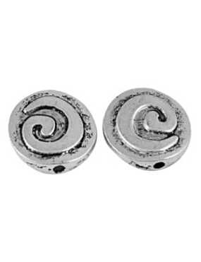Superbe perle plate ronde avec spirale en relief couleur argent mat-15mm