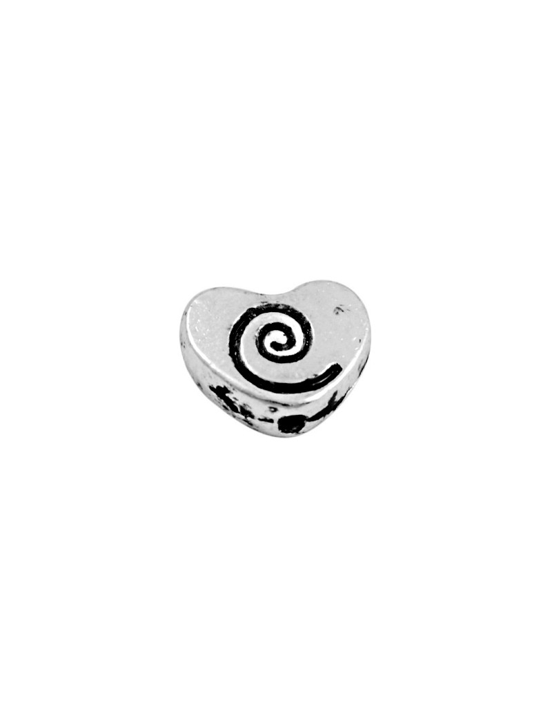 Perle coeur gravee spirale en metal couleur argent tibetain-10mm