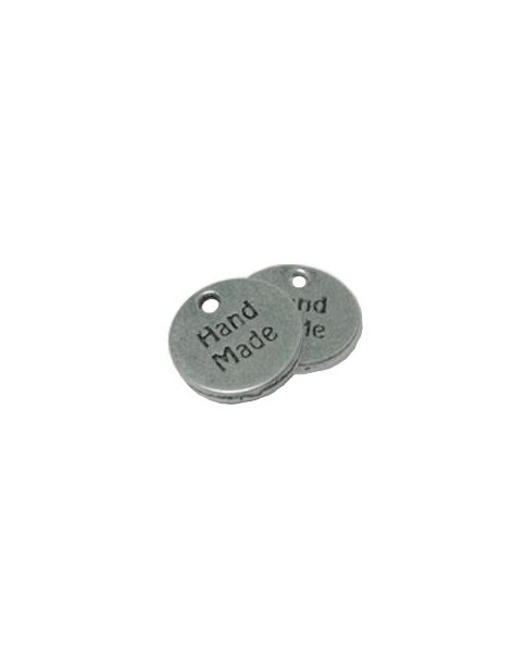 Pampille ou breloque ronde hand made en metal plaque argent-13mm