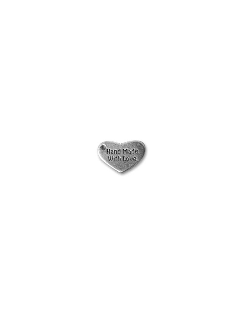 Pampille ou breloque coeur hand made en metal plaque argent-15mm