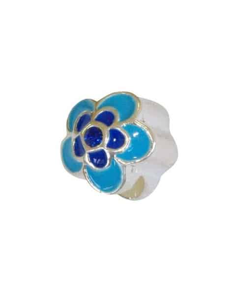 Perle fleur a gros trou en metal emaillee de bleu-13mm