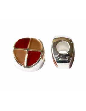 Perle ronde plate a gros trou en metal emaillee bicolore-12mm