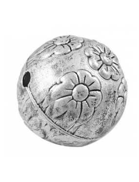 Perle ronde gravee fleur en metal couleur agent tibetain-23mm