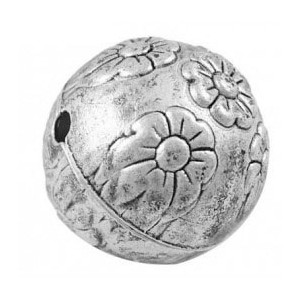 Perle ronde gravee fleur en metal couleur agent tibetain-23mm