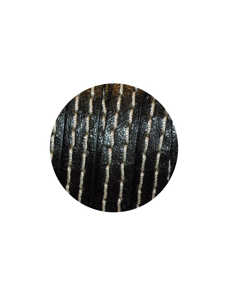 Cordon de cuir plat 10mm x 2mm noir grosses coutures-vente au cm