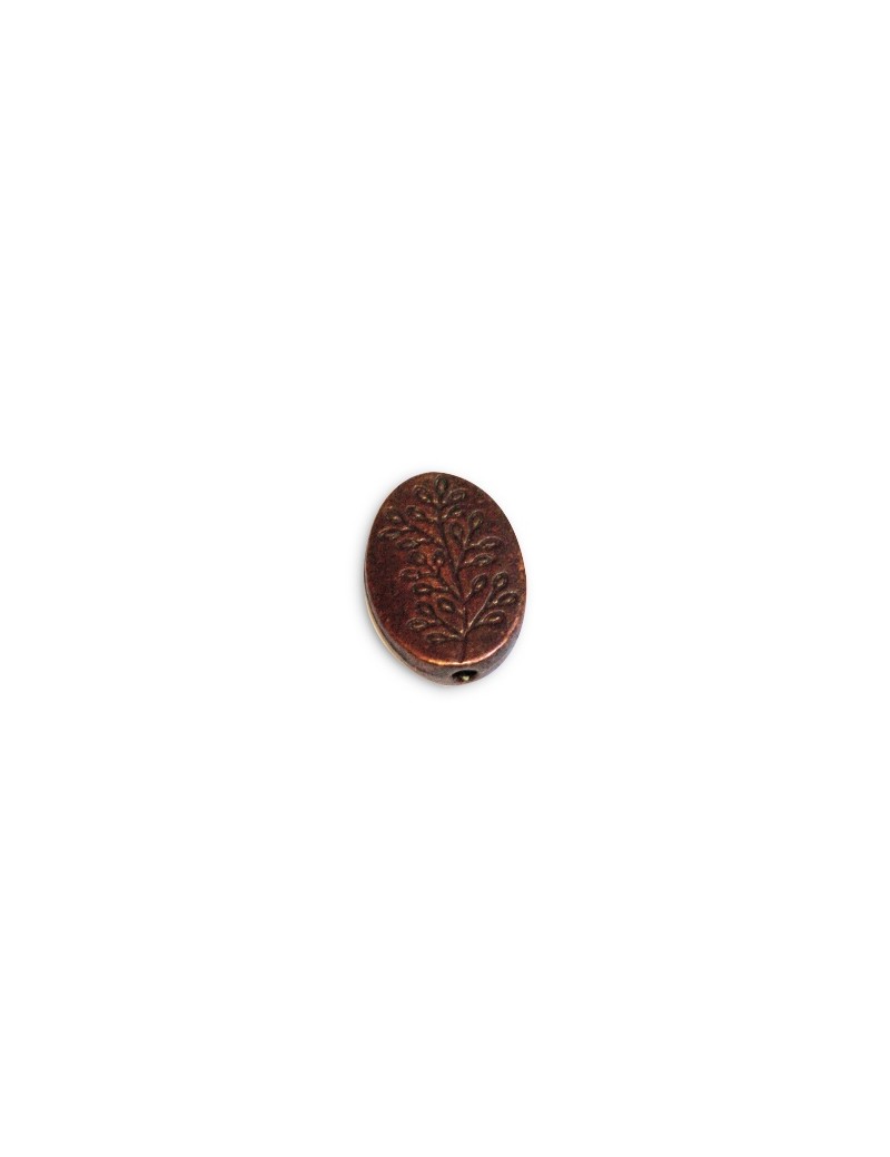 Grande perle ovale gravee fleur couleur cuivre-14mm