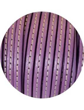 Cordon de cuir plat 5mm x 2mm lilas couture blanche-vente au cm