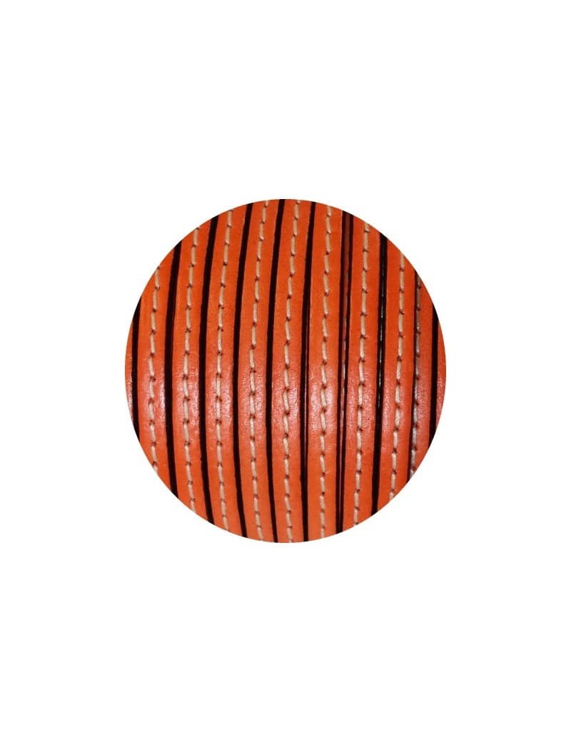 Cordon de cuir plat 5mm orange clair couture blanche vendu au metre
