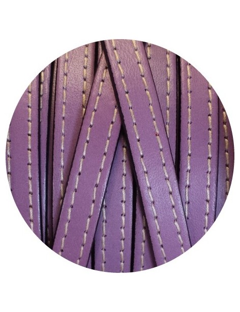 Cordon de cuir plat 10mm x 2mm lilas coutures vendu au metre