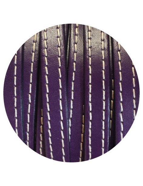 Cordon de cuir plat 10mm x 2mm violet coutures vendu au metre