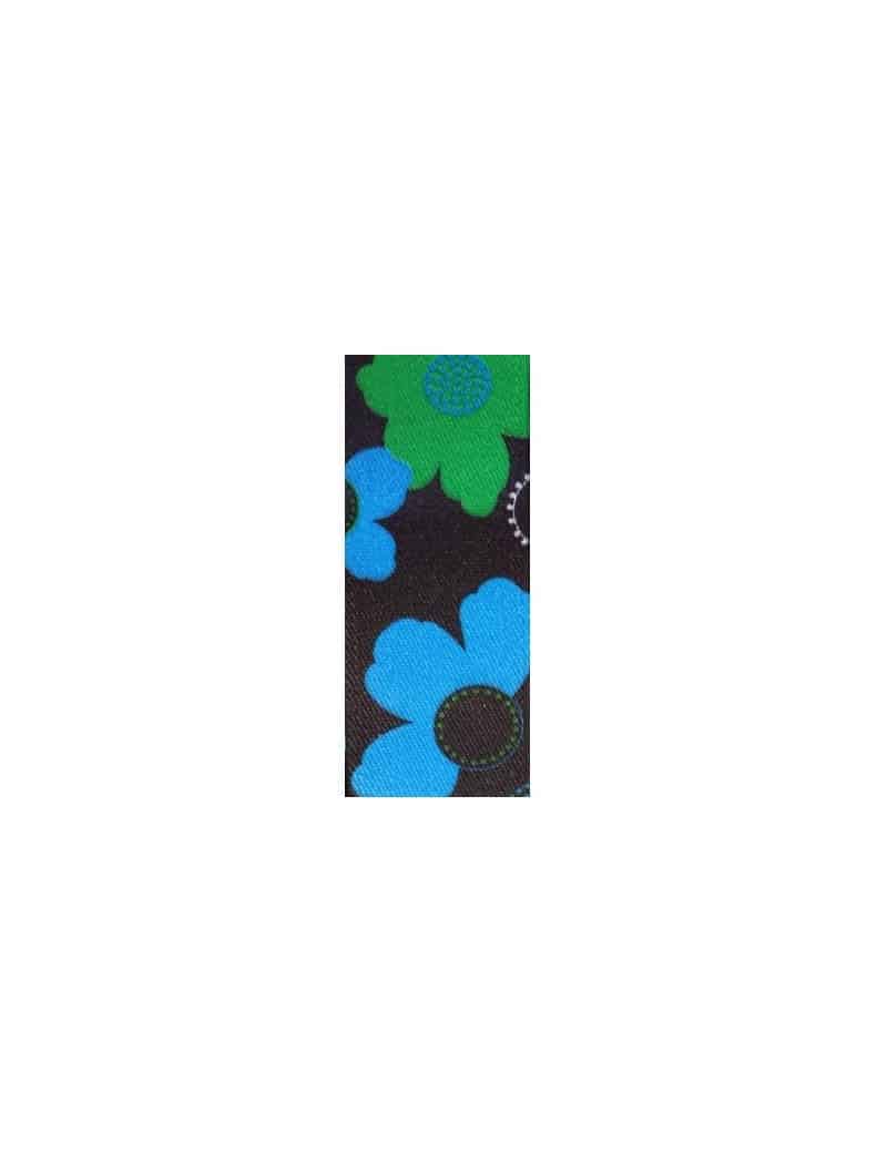 Elastique fantaisie plat 36mm imprime fleurs bleues-vente au cm