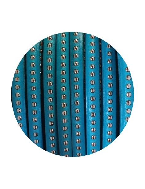 Cordon de cuir plat 6mm bleu turquoise a billes vendu au metre