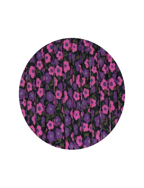 Biais spaghetti 5mm fleurs violettes fond noir vendu au metre