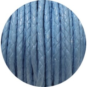 Cordon de cuir rond tresse 3mm bleu ciel-vente au cm