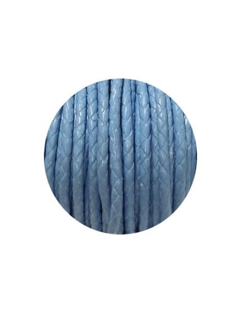 Cordon de cuir rond tresse 3mm bleu ciel-vente au cm