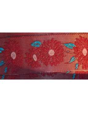 Galon polyester fleurs rouges tissées fabriqué en France-24mm