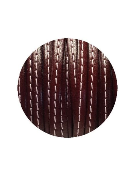 Cordon de cuir plat 5mm bordeaux couture blanche-vente au cm