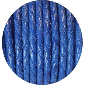 Cordon de cuir rond tresse 3mm bleu vendu à la coupe au mètre