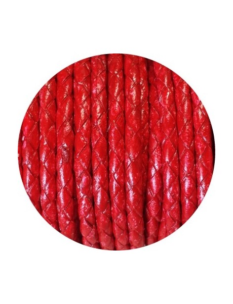 Cordon de cuir rond tresse 3mm rouge vendu à la coupe au mètre
