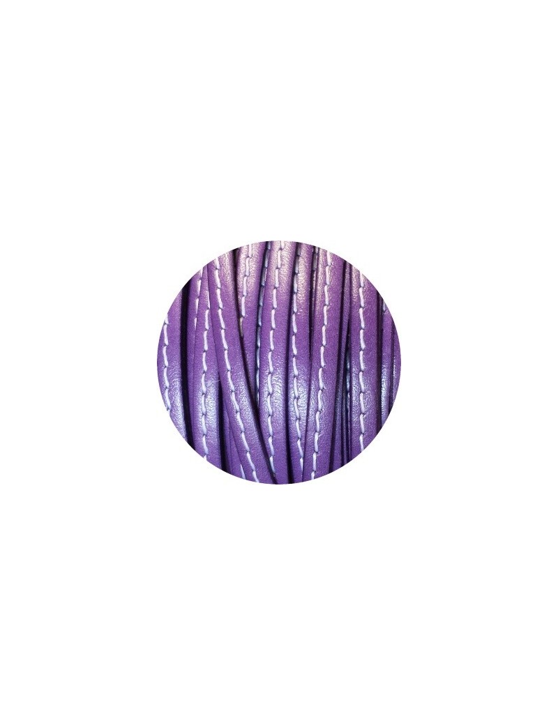 Cordon de cuir plat 5mm violet couture blanche vendu au metre