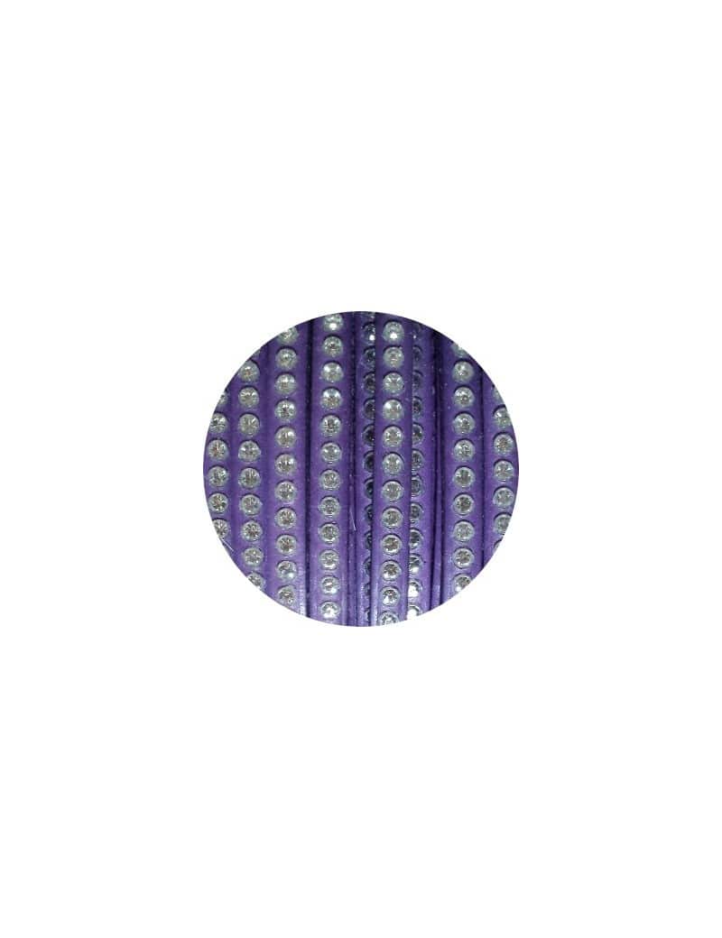Cordon de cuir plat 6mm violet strass vendu au metre