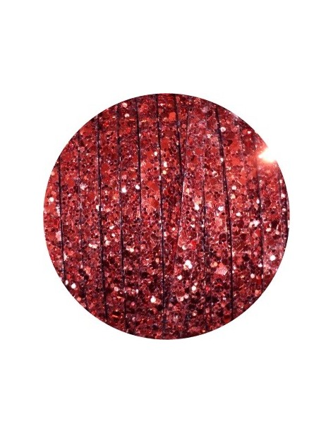 Cordon de cuir plat paillettes 5mm rouge-vente au cm