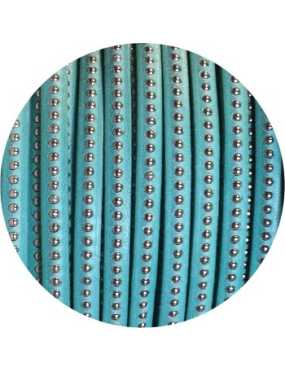 Cordon de cuir plat 6mm aquamarine a billes vendu au metre