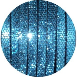 Cordon de cuir plat paillettes 6mm disco bleu-vente au cm