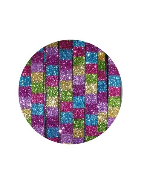 Cordon de cuir plat paillettes 6mm disco carrés multicolore foncé-vente au cm