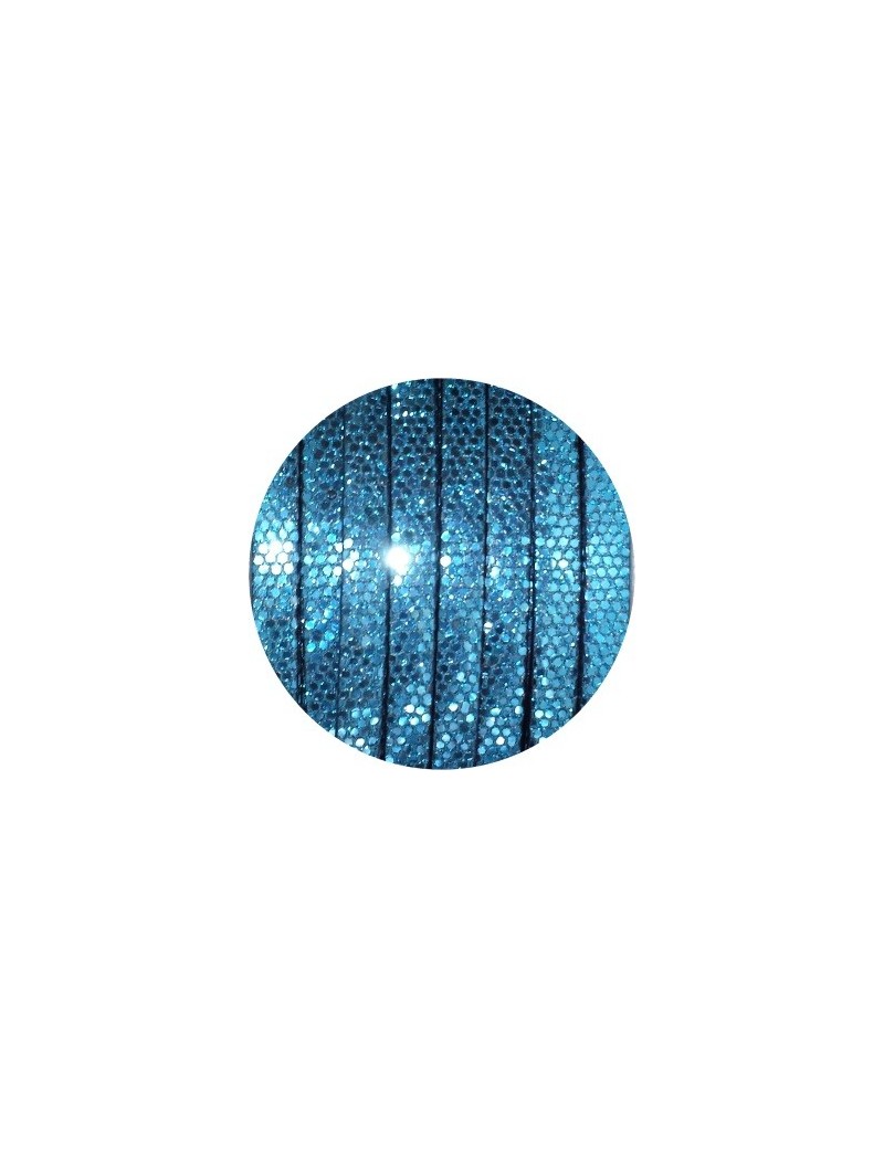 Cordon de cuir plat paillettes 6mm disco bleu vendu au mètre