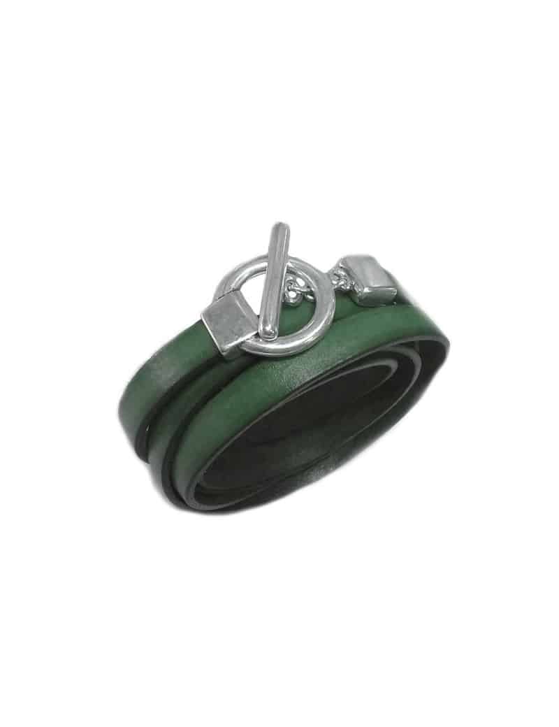 Superbe bracelet triple tour en kit avec du cuir plat vert jade foncé