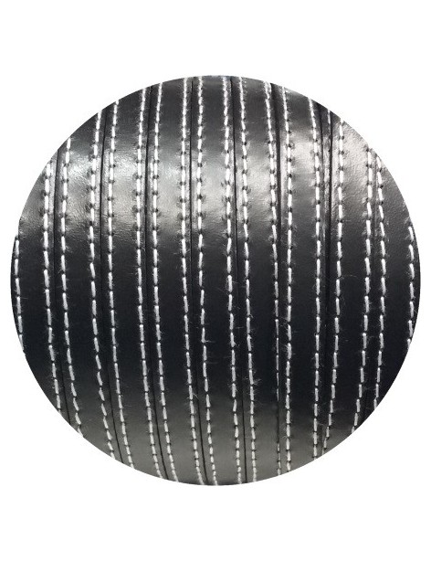Cordon de cuir plat 10mm x 2mm noir coutures-vente au cm-Premium