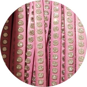 Cordon de cuir plat 6mm rose bebe strass vendu au metre