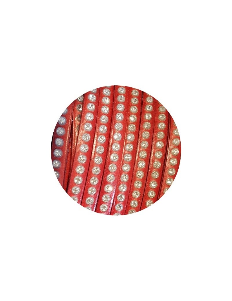 Cordon de cuir plat 6mm rouge avec strass-vente au cm