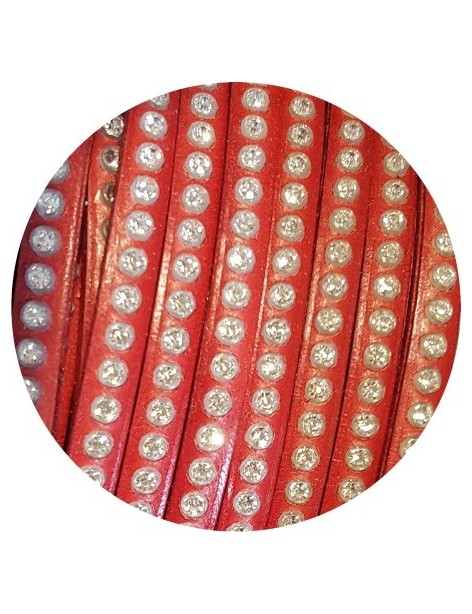 Cordon de cuir plat 6mm rouge avec strass-vente au cm