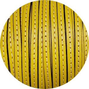 Cordon de cuir plat 5mm jaune couture blanche-vente au cm