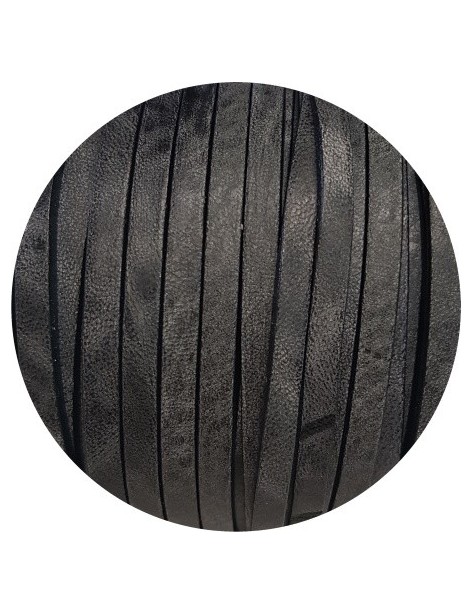 Cordon de cuir plat vintage marbré 5mm noir vendu au mètre