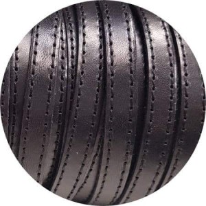 Cordon de cuir plat 10mm noir coutures noires-vente au cm-Premium